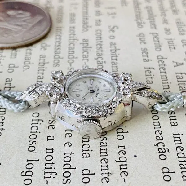 Vintage Hamilton Womens Luxury Manual Winding Watch - 14K Diamond-Studded Bracelet Cocktail Watch with Crystal Accents