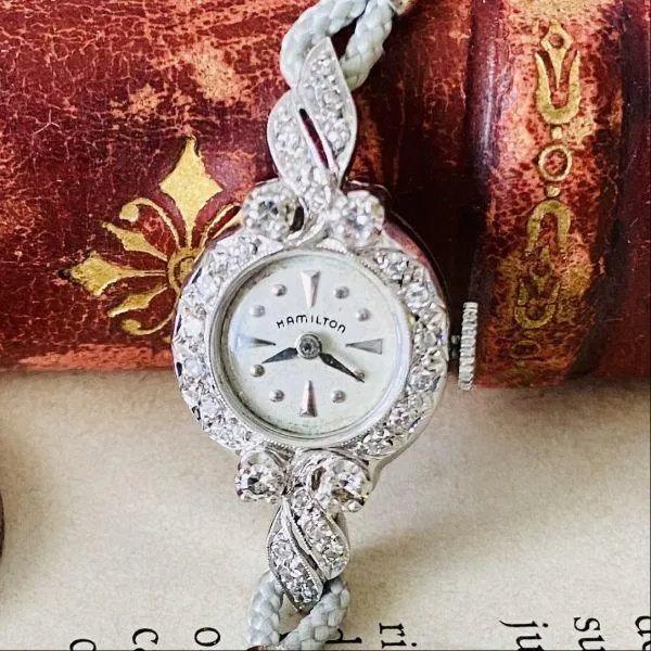 Vintage Hamilton Womens Luxury Manual Winding Watch - 14K Diamond-Studded Bracelet Cocktail Watch with Crystal Accents