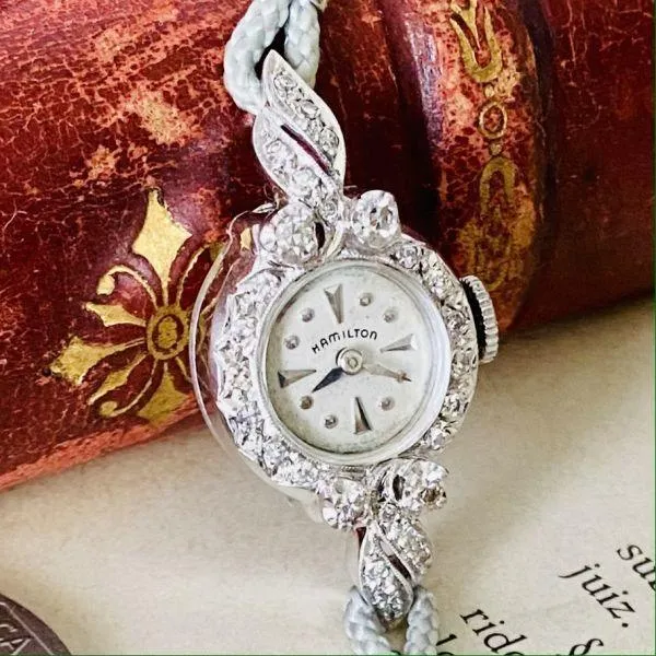 Vintage Hamilton Womens Luxury Manual Winding Watch - 14K Diamond-Studded Bracelet Cocktail Watch with Crystal Accents