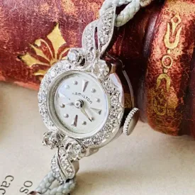 Vintage Hamilton Womens Luxury Manual Winding Watch - 14K Diamond-Studded Bracelet Cocktail Watch with Crystal Accents