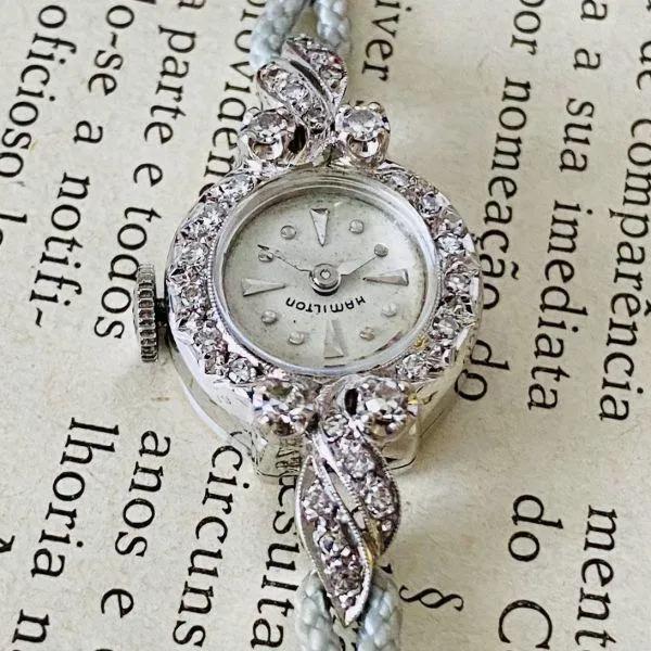 Vintage Hamilton Womens Luxury Manual Winding Watch - 14K Diamond-Studded Bracelet Cocktail Watch with Crystal Accents