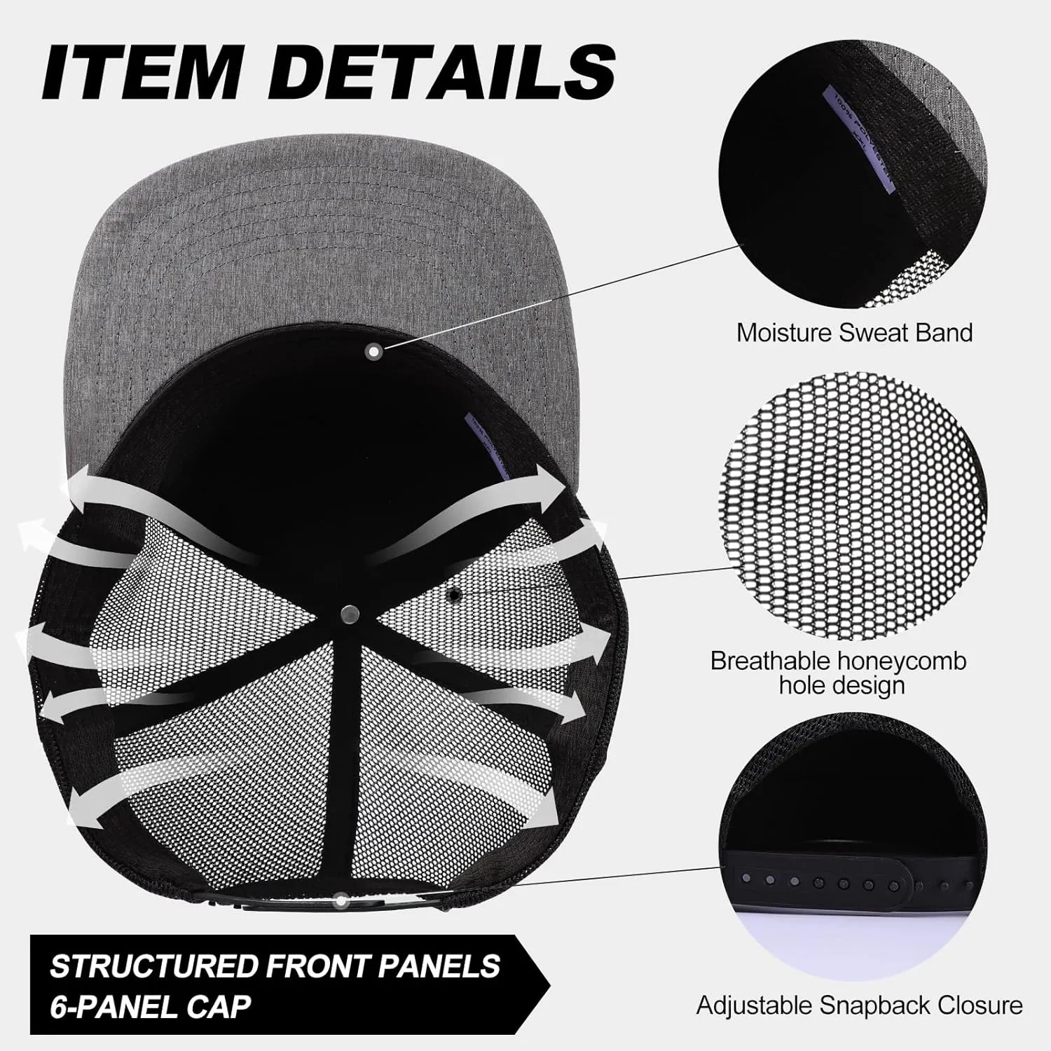 Men Flat Brim Baseball Cap Adjustable Performance Snapback Hat Laser Perforated Breathable Mesh Sport Cap