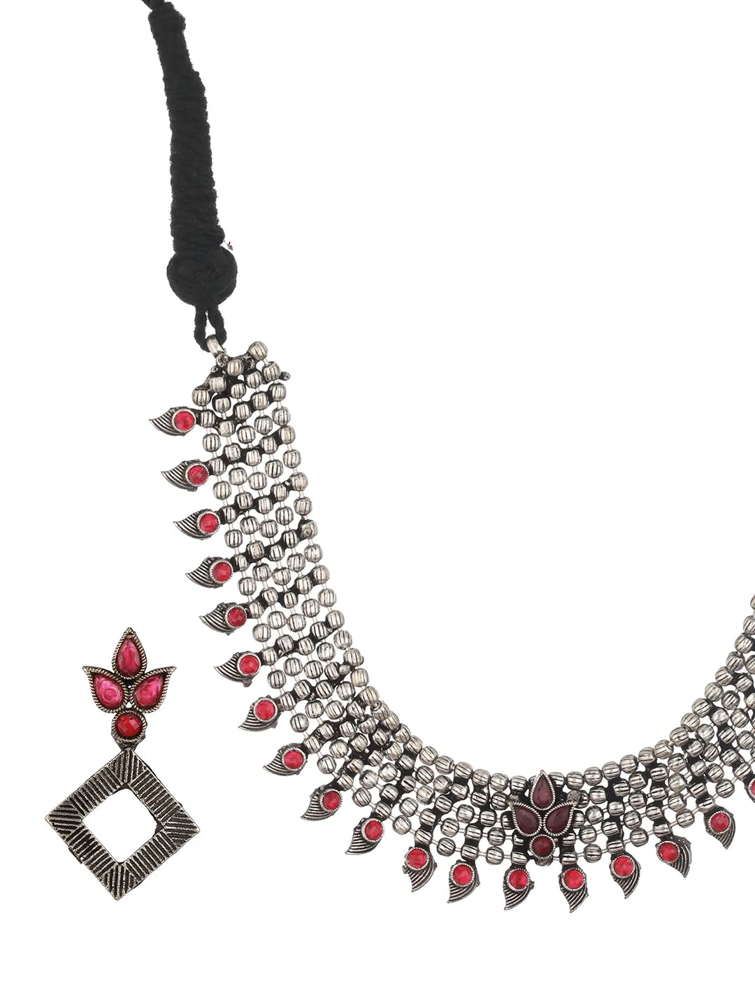 Red Silver-Plated Oxidised Stone-Studded Jewellery Set