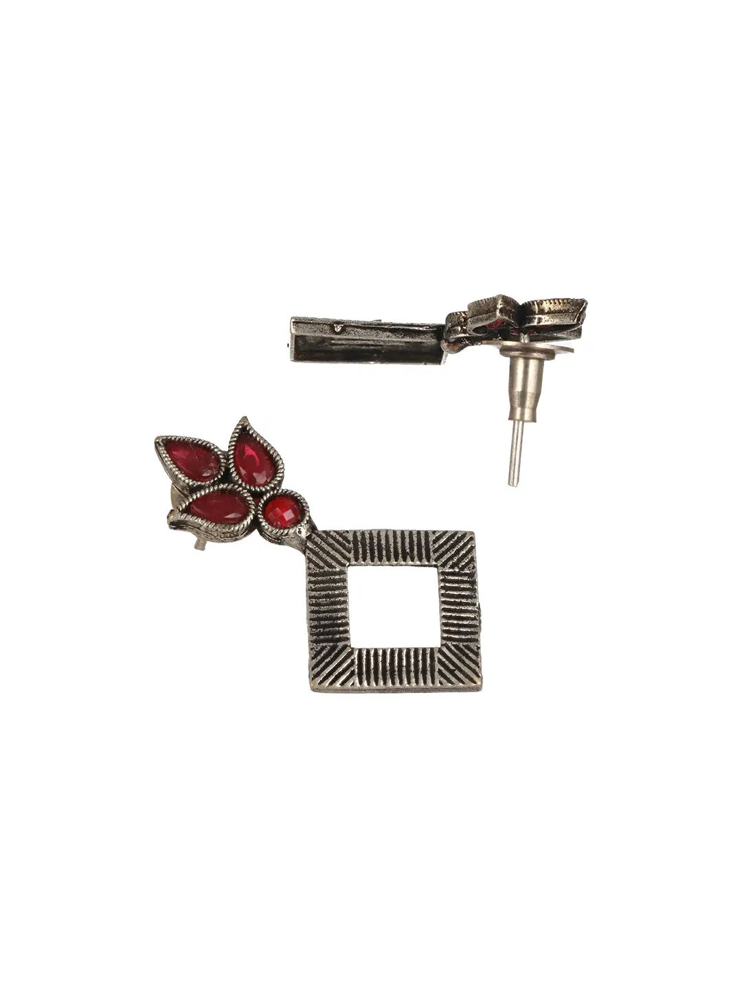 Red Silver-Plated Oxidised Stone-Studded Jewellery Set