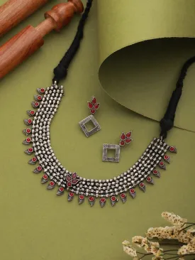 Red Silver-Plated Oxidised Stone-Studded Jewellery Set