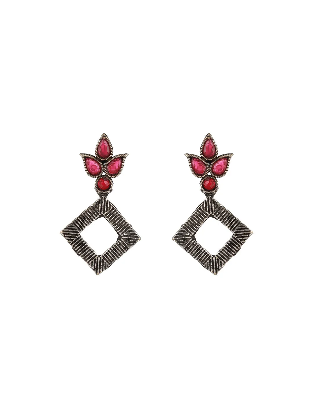 Red Silver-Plated Oxidised Stone-Studded Jewellery Set