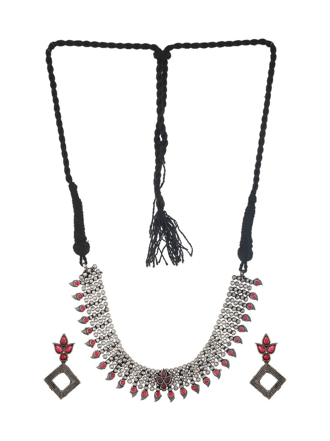 Red Silver-Plated Oxidised Stone-Studded Jewellery Set