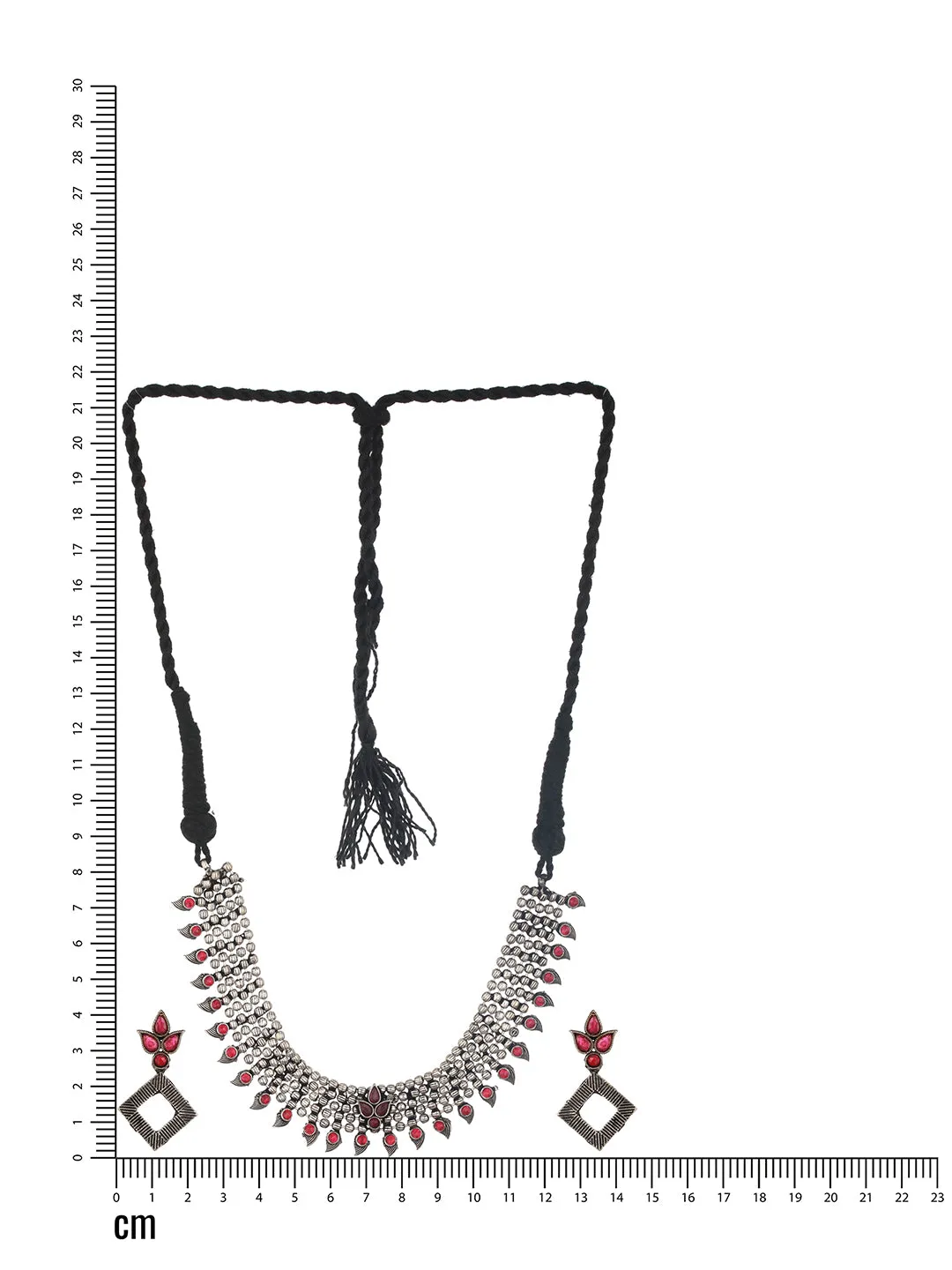 Red Silver-Plated Oxidised Stone-Studded Jewellery Set