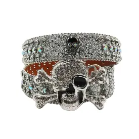 Rhinestone Metal Skull Buckle Silver Strap With Silver & Multi Studded Belt