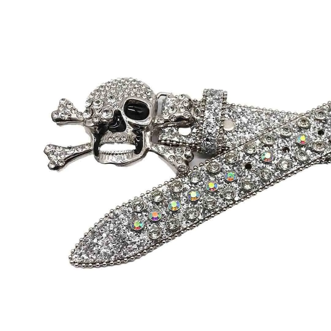 Rhinestone Metal Skull Buckle Silver Strap With Silver & Multi Studded Belt