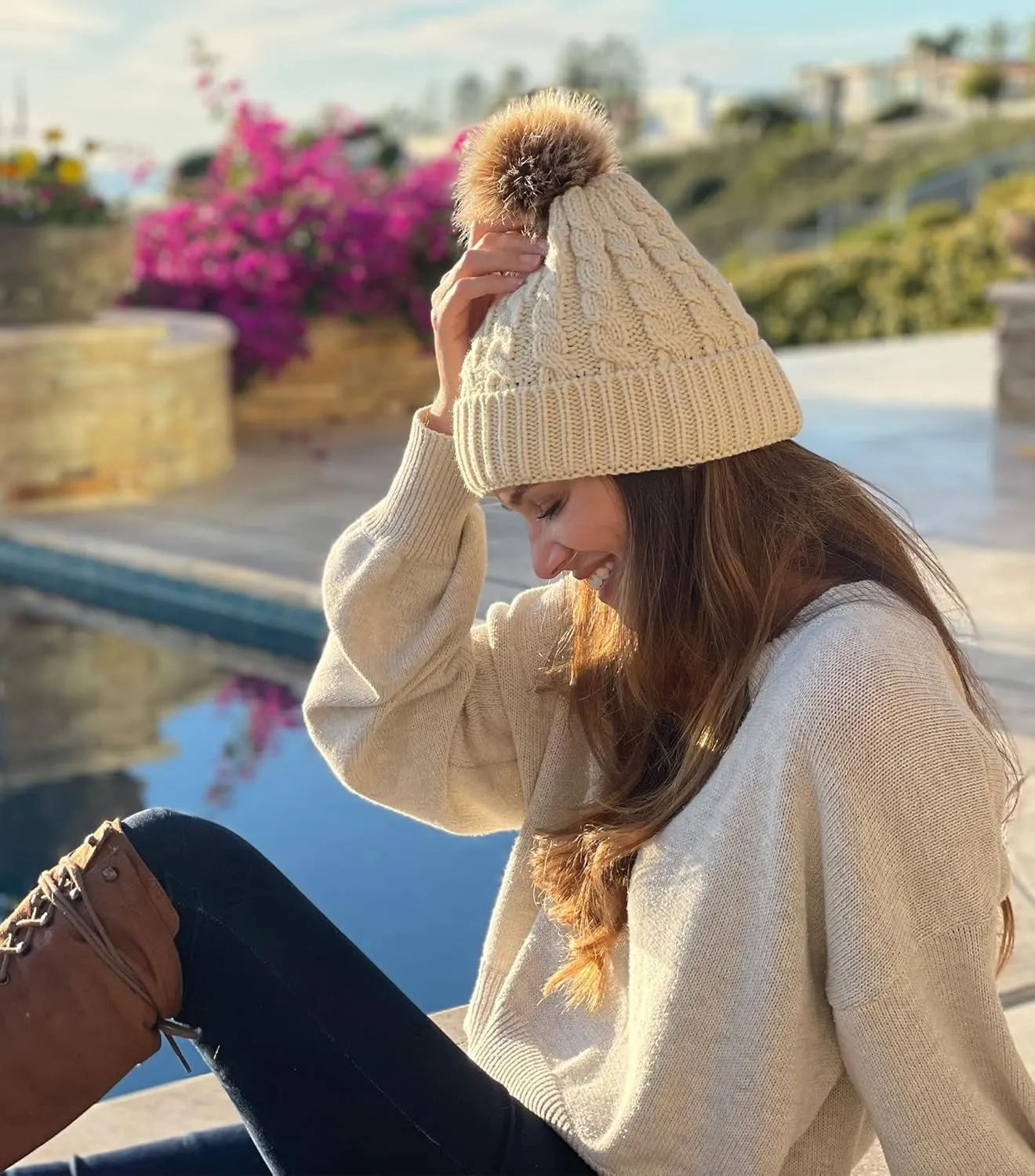 Simplicity Womens Winter Beanies Hand Knit Faux Fur Pompoms Beanie Hats