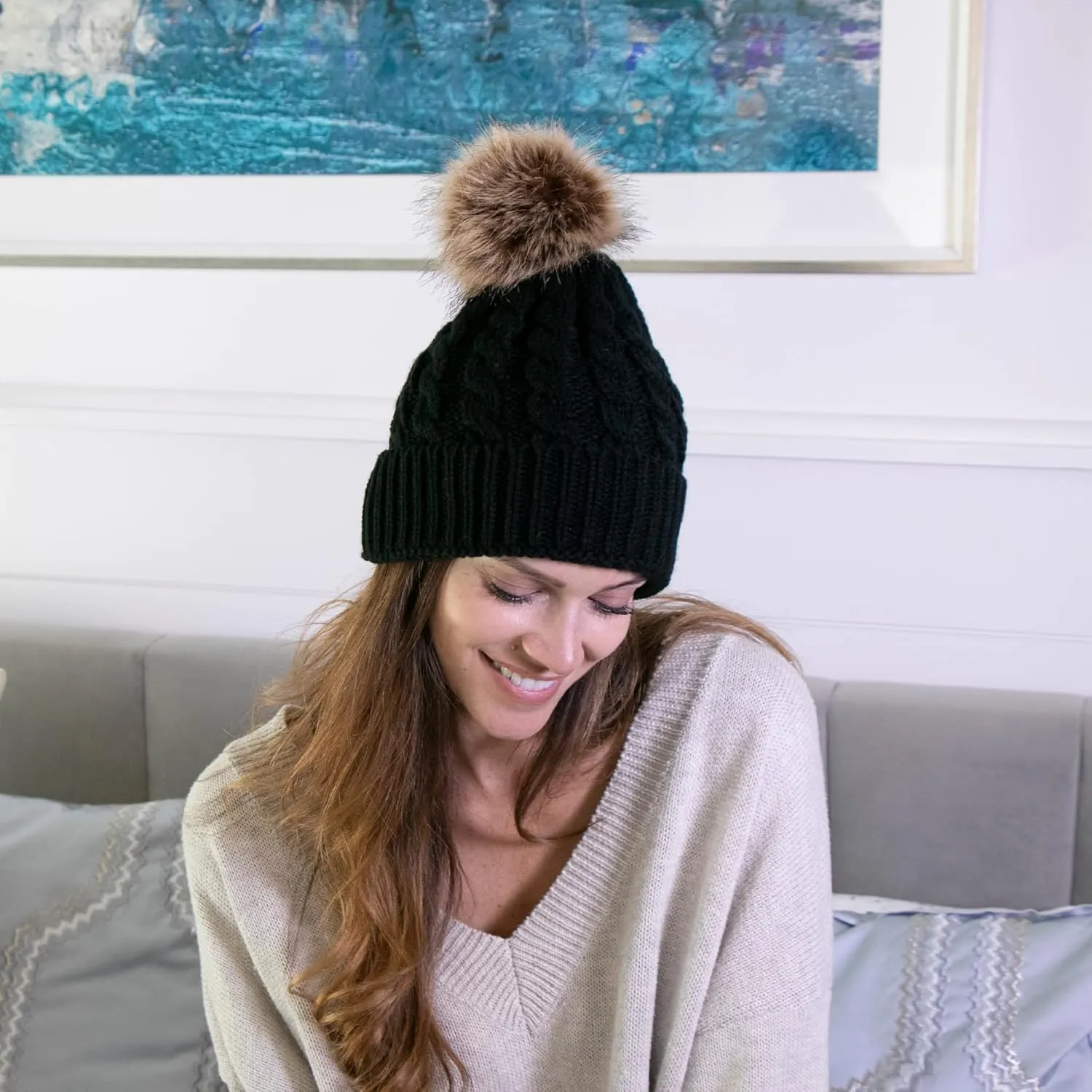 Simplicity Womens Winter Beanies Hand Knit Faux Fur Pompoms Beanie Hats