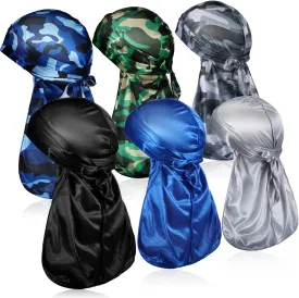 Tarpop 6 Pcs Durags for Men Silky Camouflage Cap with Long Tail and Wide Straps Colorful 360 Waves Du Rag Cap for Men and Women Hip Hop Rapper