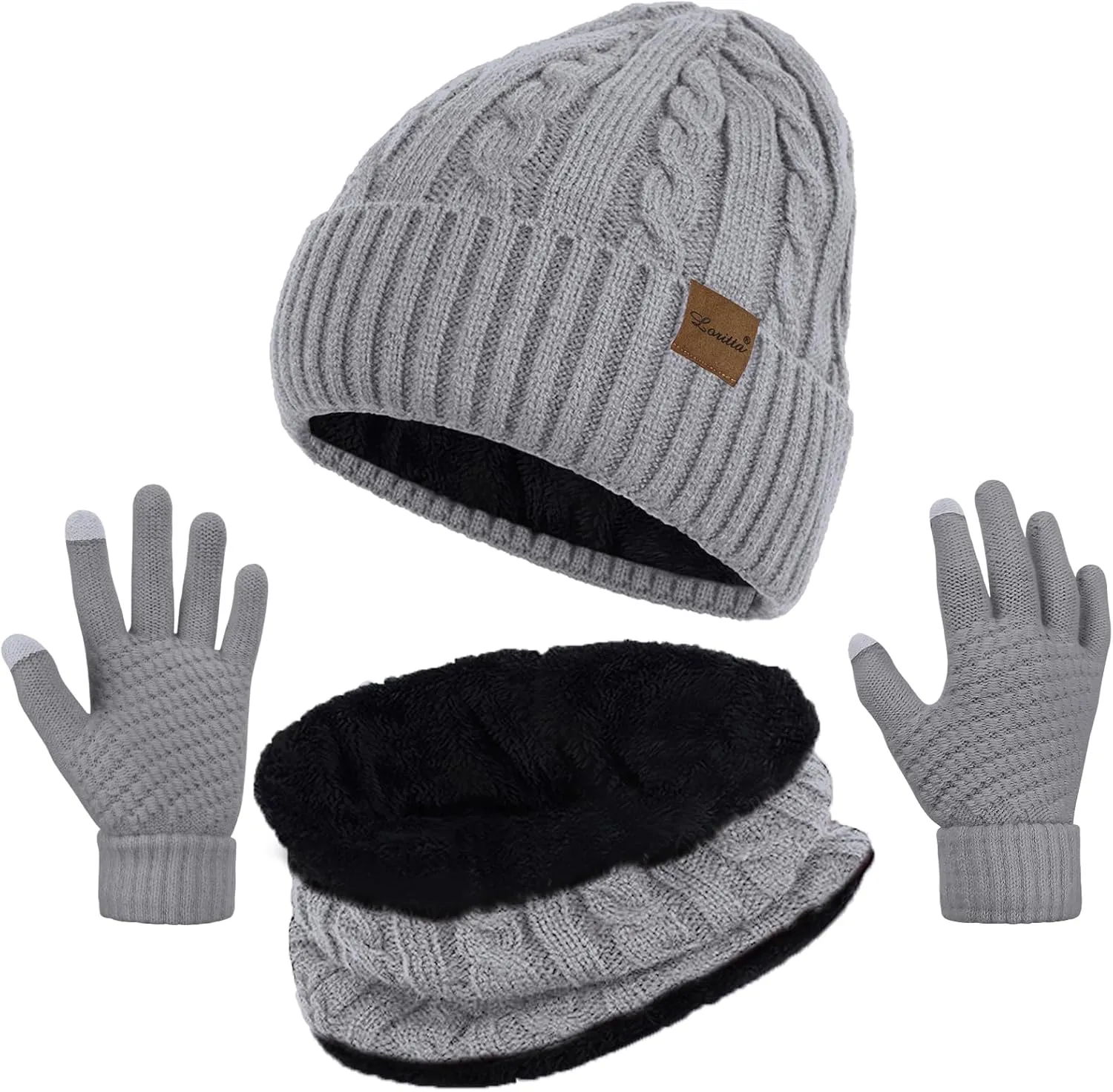 Womens Beanie Hat Scarf Touch Screen Gloves Set for Women Warm Knit Fleece Lined Skull Caps Neck Warmer Gifts