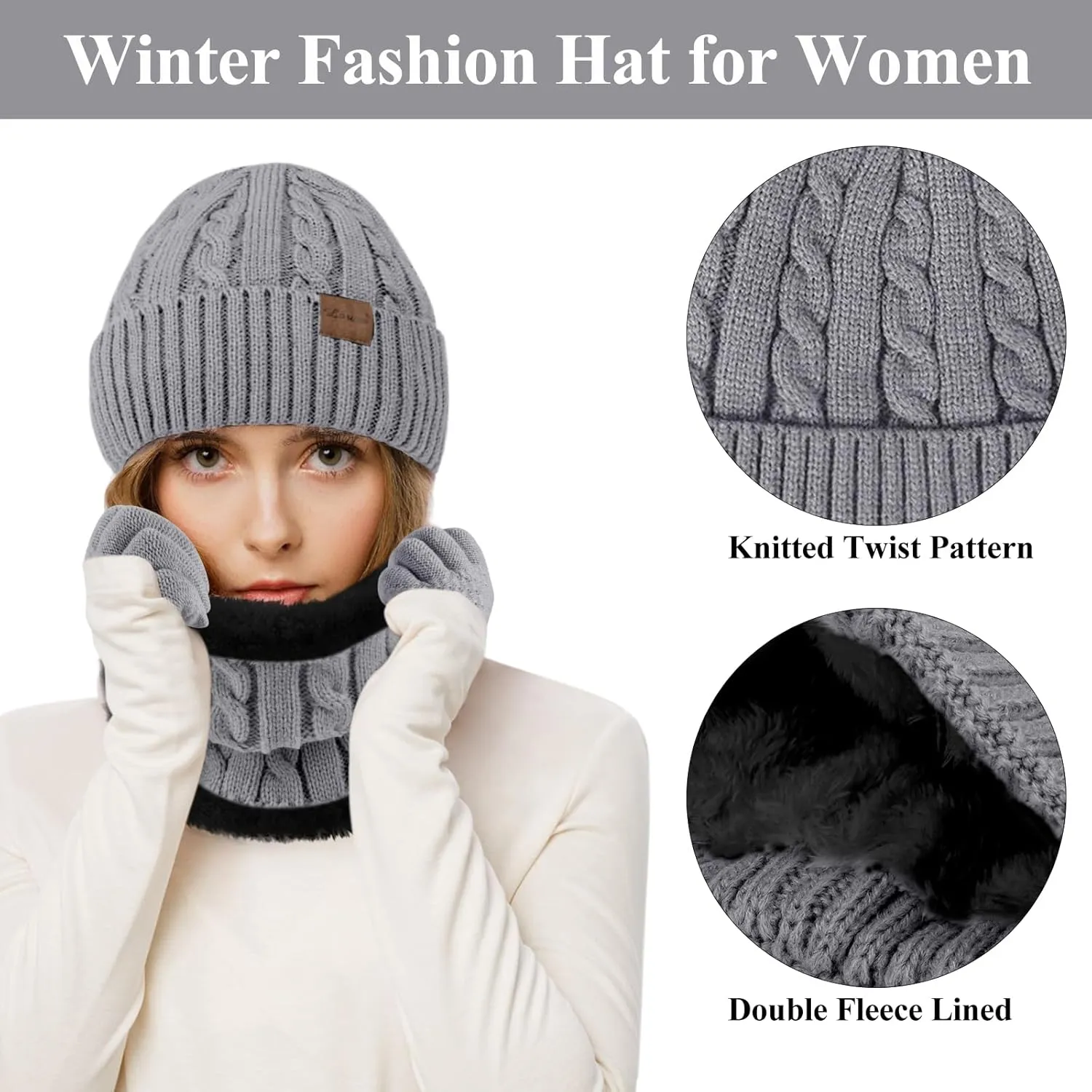 Womens Beanie Hat Scarf Touch Screen Gloves Set for Women Warm Knit Fleece Lined Skull Caps Neck Warmer Gifts