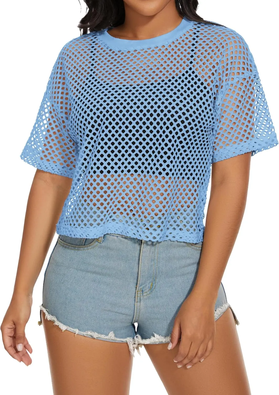 Women's Mesh Fishnet Top See Through Cover Up Short Sleeves T Shirts Sheer Blouse