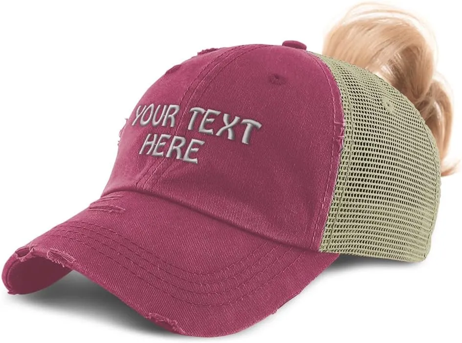 Womens Ponytail Cap Custom Personalized Text & Name Distressed Moms Trucker Hats