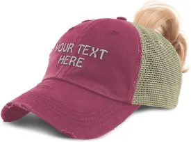 Womens Ponytail Cap Custom Personalized Text & Name Distressed Moms Trucker Hats