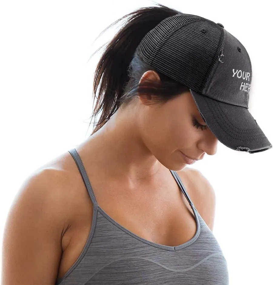 Womens Ponytail Cap Custom Personalized Text & Name Distressed Moms Trucker Hats