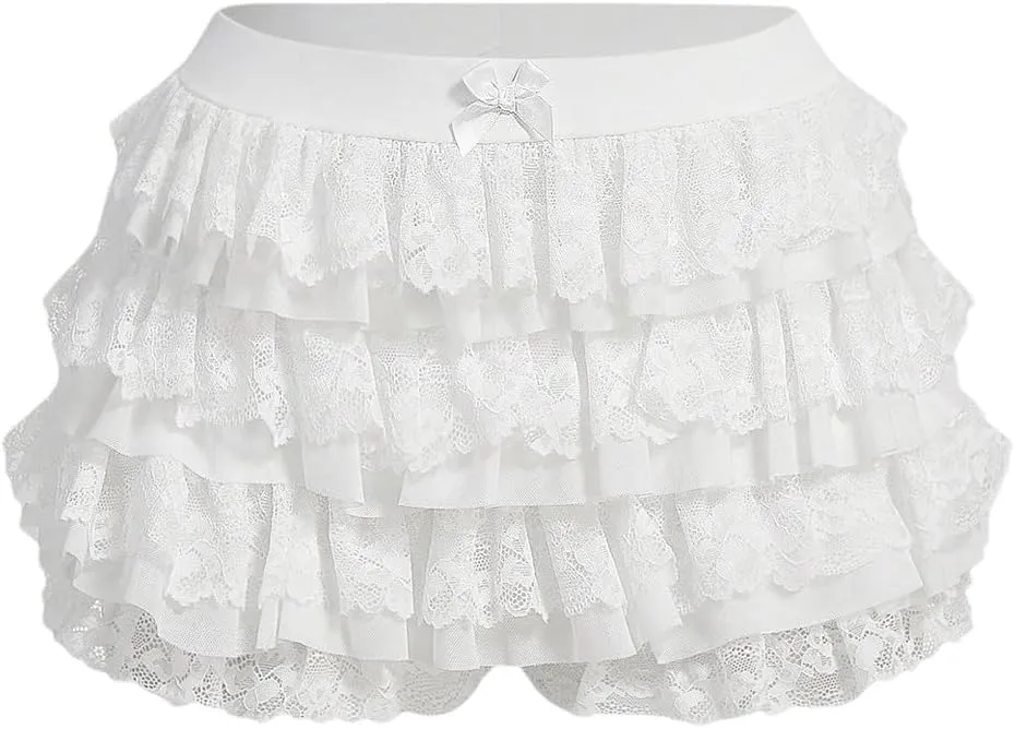 Women's Y2k Ruffle Shorts Lace Lolita Bloomers Elastic Waist Bow Front Shorts Micro Boyshorts