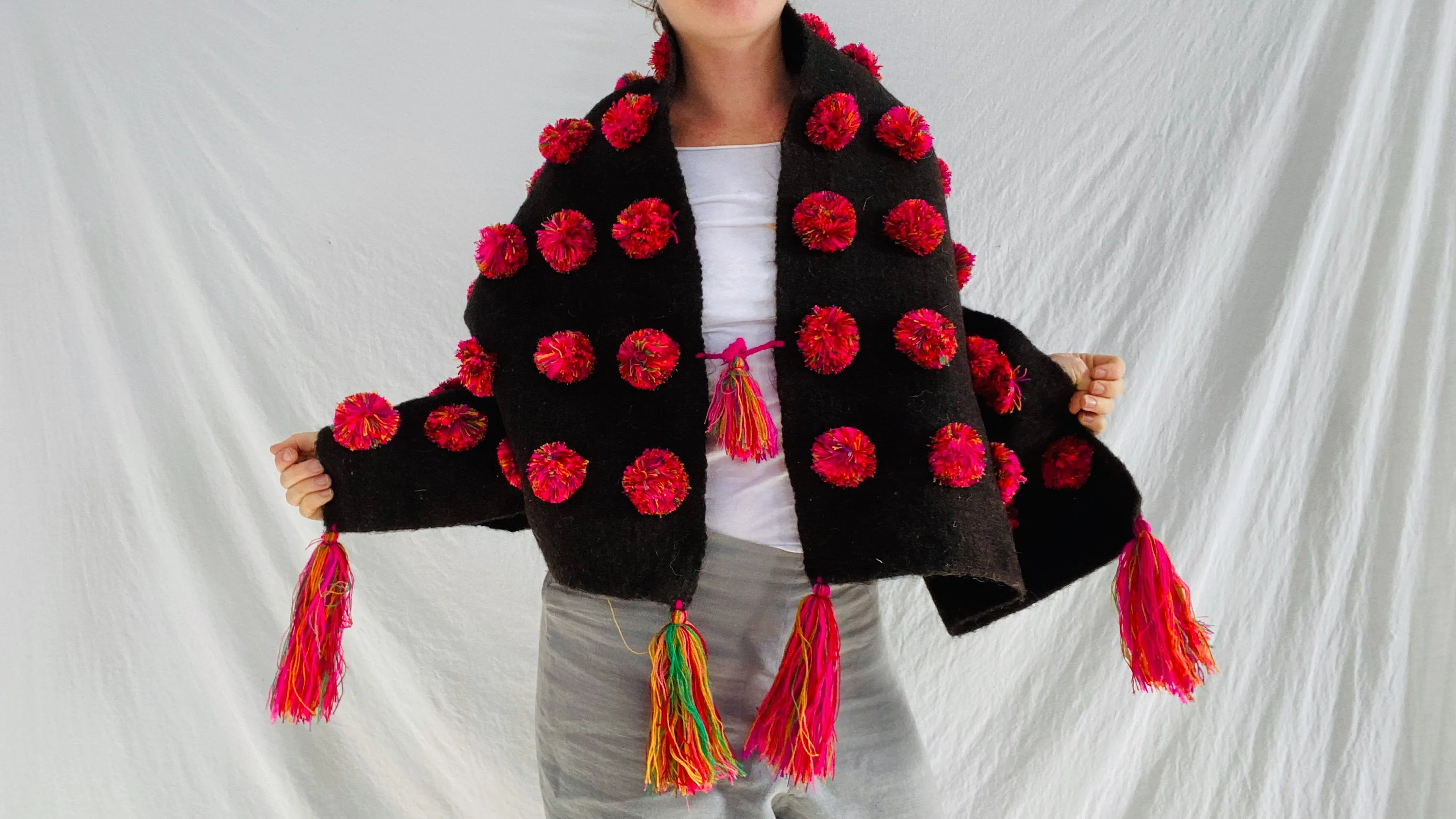 Wool Shawl. Colorful Pom Poms & Tassels. Brown. Mexico