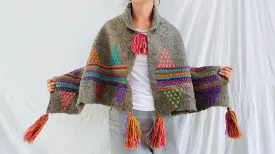 Wool Shawl. Embroidered & Tassels. Mayan. Chamula. Mexico